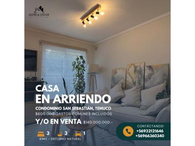 HERMOSA CASA 3D-3B EN ARRIENDO y/o VENTA EN CONDOMINIO SAN SEBASTIÁN, TEMUCO - CastroLetelier, 3 habitaciones