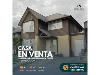 AMPLIA CASA EN VENTA EN CONDOMINIO, FUNDO EL CARMEN, TEMUCO - CastroLetelier, 104 mt2, 3 habitaciones